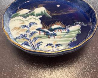 Antique Rare Japanese Meiji Fokugawa Koransha Porcelain Bowl, Cobalt Blue Handpainted Landscape Japanese Plate, Marked, 19th Century