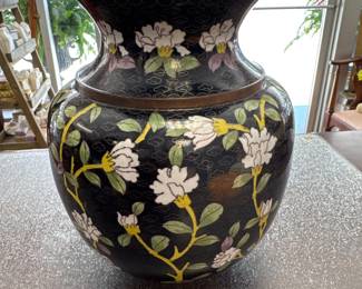 Black Floral Cloisonne Metal on Enamel Urn ~ Large 9 1/4" / For Adults