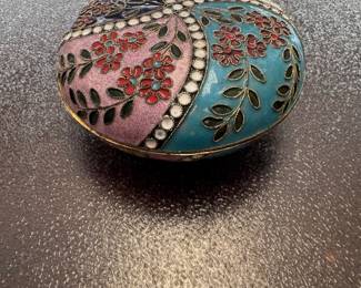 Vintage Asian Cloisonné Trinket Box Floral Round Domed Lid Jewelry Turquoise