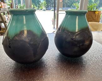 Clay Ceramic Vase Chocolate Brown With Glossy Turquoise Glaze Drip