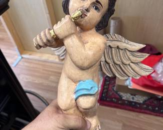 19thc Antique Large Italian Hand Carved and Polychromed Cherub/ Angel/ Putti Playing His Instrument Sculpture