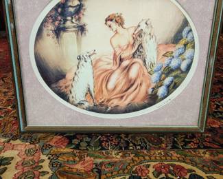 1936 FRENCH LC RENART Sd ORIGINAL COLORED LITHOGRAPH WOMAN w/ DOGS & HYDRANGEAS