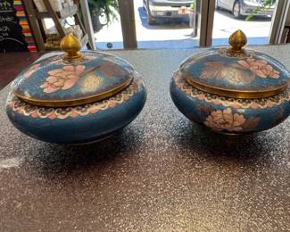 Old 19th Century Chinese Bronze Cloisonne Blue Enamel Floral Bowl Jar