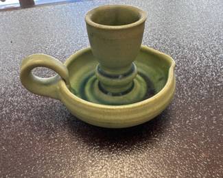 VINTAGE GREEN GLAZED RED CLAY FINGER RING CANDLER HOLDER COLLECTIBLE POTTERY