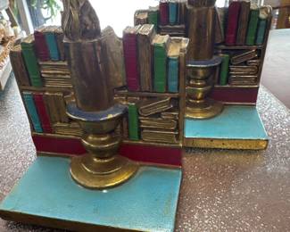 Vintage RONSON Metal Artwares VOLUMES & CANDLE Pair Of Bookends