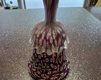 Vintage KB Creations, Murano Millefiori Glass Bell with original labels. Colors are red, yellow, black, blue, and white.