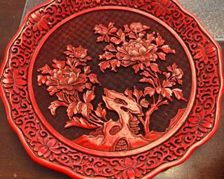 Vintage Cinnabar Lacquer Hand Carved Plate With Floral Design