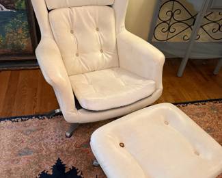 vintage white leather mid-century modern style swivel lounge chair with ottoman