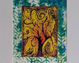 12 x 15 framed and signed by the artist. Comes with the book The Liminal print where this monoprint is featured. The book is signed by the author and the artist, Alisa E. Clark. Original monoprint and linoleum block print.