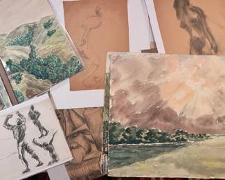 1950s figure drawings and watercolor landscapes