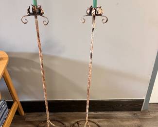 Tall rustic metal candlesticks pair