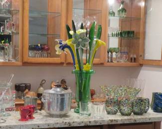 Italian glass flowers, barware, art glass