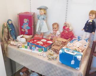 Madame Alexander dolls and clothes, tea sets, spirit dolls