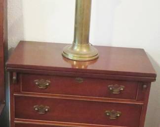 Vintage bedside chest, brass lamp