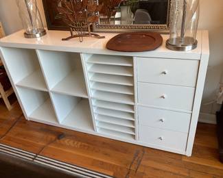 Modern White 8-Cube Storage Unit with Custom Drawer & Organizer Inserts • • Width: 57 7/8 inches (146.5 cm)&nbsp;  • Height: 30 1/8 inches (76.5 cm)&nbsp;  • Depth: 15 3/8 inches (39 cm)&nbsp;  • Individual Cubby Dimensions (Internal): 13 1/4 inches x 13 1/4 inches