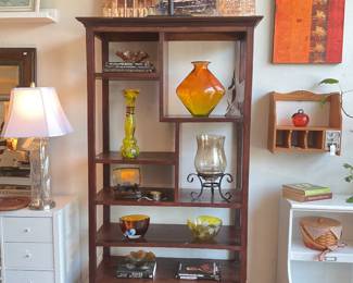 Vintage Arts & Crafts Style Carved Etagere Bookshelf / Asymmetrical Display Cabinet following standard measurements: • Width: 36 inches to 40 inches • Height: 68 inches to 74 inches (Approximately 6 feet tall) • Depth: 14 inches to 16 inches