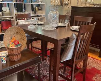 Modern Craftsman Counter-Height Dining Table and 4 Slat-Back Chairs Set Counter-Height Table: • Width: 48 inches to 54 inches • Depth: 32 inches to 36 inches • Height: 36 inches (Standard counter height) Counter-Height Chairs (Each): • Width: 18 inches to 19 inches • Depth: 20 inches to 22 inches • Total Back Height: 40 inches to 42 inches • Seat Height (From floor): 24 inches (Standard counter seat height)