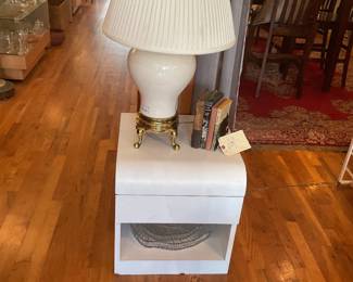 Vintage Mid-Century White Postmodern Waterfall Nightstand / Accent Table • Width: 18 inches to 22 inches • Depth: 16 inches to 18 inches • Height: 20 inches to 24 inches