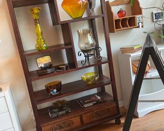 Vintage Arts & Crafts Style Carved Wood Etagere Bookshelf / Display Cabinet Standard open-shelf etageres of this style typically align with the following measurements: • Width: 36 inches to 40 inches • Height: 68 inches to 74 inches (Approximately 6 feet tall) • Depth: 14 inches to 16 inches