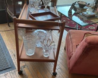 Mid-Century Modern Danish Style Teak Bar Cart / Rolling Beverage Trolley Standard mid-century two-tier bar carts of this specific style typically adhere to the following measurements: • Width: 28 inches to 32 inches (including the extended handle grips) • Height: 28 inches to 30 inches (from the floor to the top of the handles) • Depth: 18 inches to 20 inches