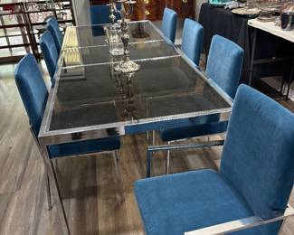 Custom MCM Glass Table with 8 Blue Velvet Chairs
