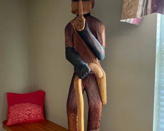 Haitian Hand Carved Wooden Man with Pipe and Staff
