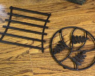 Cast Iron Trivet Set: Leaf Motif and Slatted