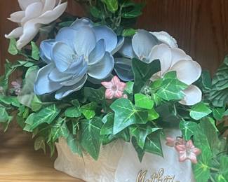 Artificial Floral Arrangement with "Mother" Hankerchief and Cream Ceramic Planter