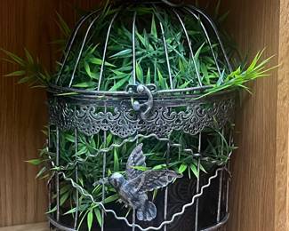 Ornate Metal Bird Cage with Faux Greenery and Bird Embellishment