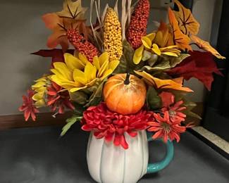Artificial Autumn Harvest Floral Arrangement in Pumpkin Mug