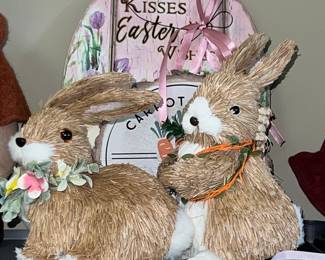 Straw Bunny Figurines with Easter Sign