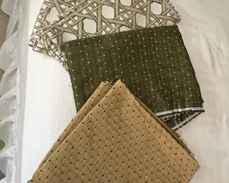 Fabric Remnants: Cane Pattern, Olive Green with Gold Dots, Tan Embossed