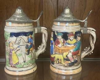 Pair of Vintage German Ceramic Beer Steins with Pewter Lids