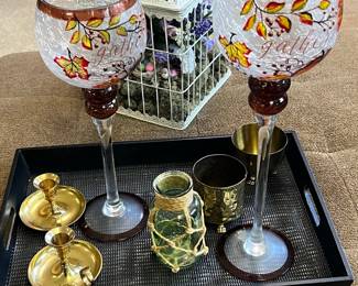 Fall Themed "Gather" Hand-Painted Wine Glasses and Decorative Tray Set