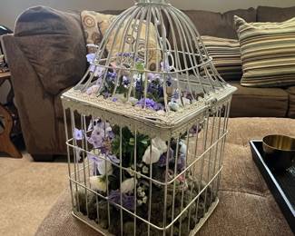 Decorative White Metal Birdcage with Faux Floral Arrangement and Moss