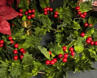 Artificial Christmas Wreath with Poinsettias, Berries, and Brass Accent