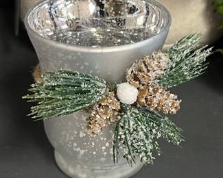 Mercury Glass Votive Holder with Pinecone and Pine Sprig Decoration