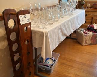 Wine rack, glassware, linens