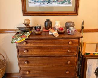 Framed art, vintage chest of drawers