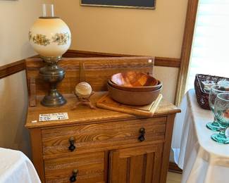 Antique dry sink, antique lamp, decor