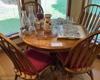 Oil lamps, dining table, kitchenware