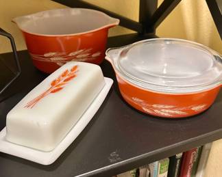 Vintage Pyrex Autumn Harvest Wheat Butter Dish and Round Dishes