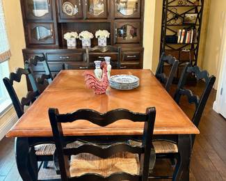 Table (as hided expandable leaf) with 6 Ladder Back Chairs with Rush Seats