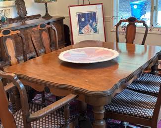 Dining Table 3 Leaves 6 Chairs. Buffet in the back