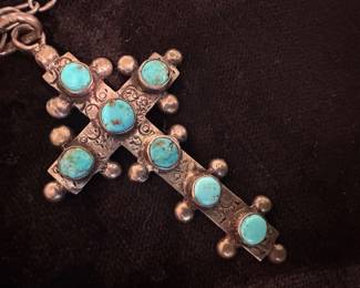 Sterling Silver Necklace with Sterling Silver & Turquoise Cross Pendant
