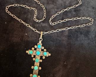Sterling Silver Necklace with Sterling Silver & Turquoise Cross Pendant