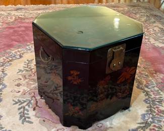 Vintage Chinese Black Lacquered Octagonal Tea Caddy with Motif with Glass Protective Slab (19"W x 19"D x 19"H)