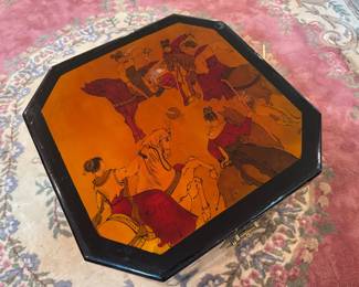 Vintage Chinese Black Lacquered Octagonal Tea Caddy with Motif with Glass Protective Slab (19"W x 19"D x 19"H)