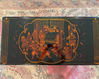 Vintage Chinese Black Lacquered Wedding Chest with Stand & Motif (38-1/2"W x 19"D x 18"H)