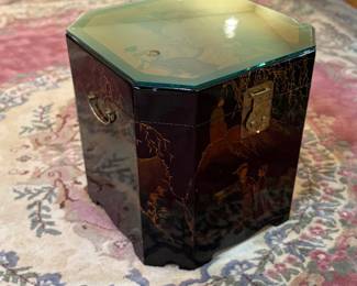 Vintage Chinese Black Lacquered Octagonal Tea Caddy with Motif with Glass Protective Slab (19"W x 19"D x 19"H)